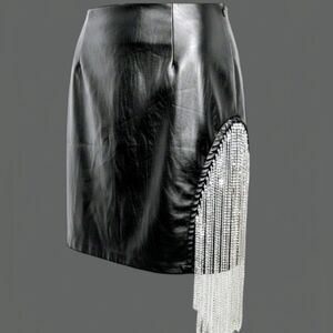 Windsor Black Faux Leather Mini Skirt Chain Fringe Asymmetrical Medium
